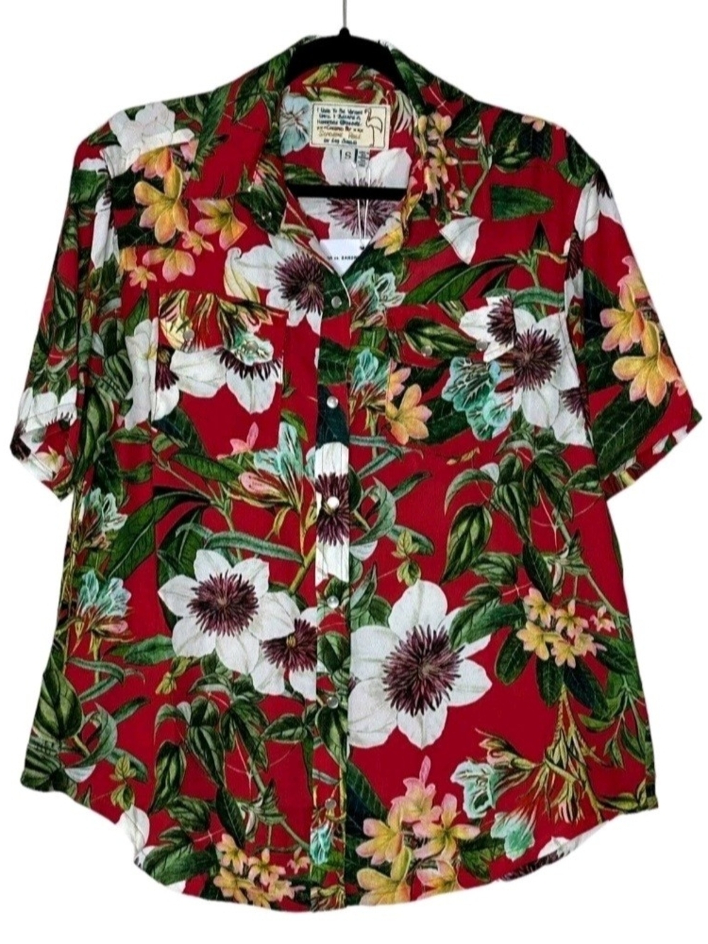 Sandrine Rose Hawaiian Red Snap Floral Short-Sleeve Button-Up - Small NWT